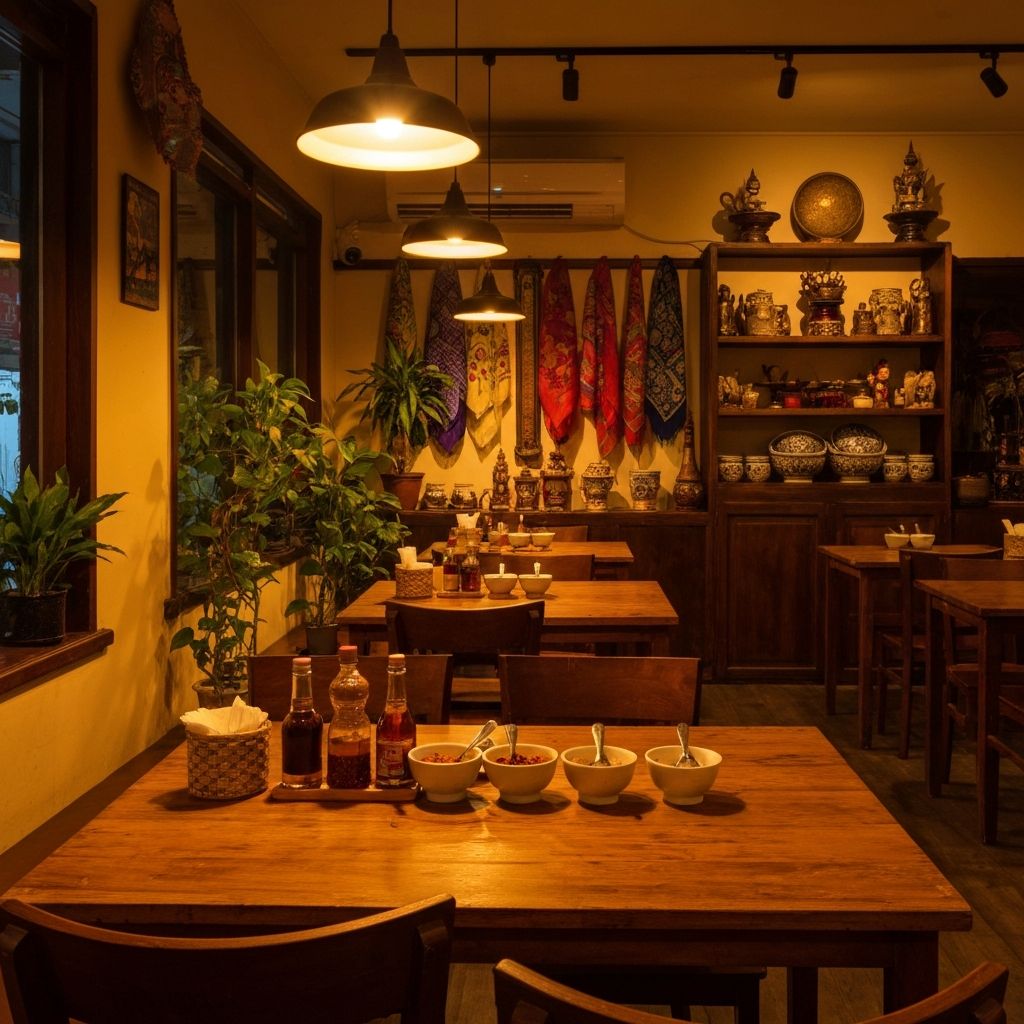 Warm, inviting interior of Summer Thai restaurant with wooden tables, pendant lighting and traditional Thai décor