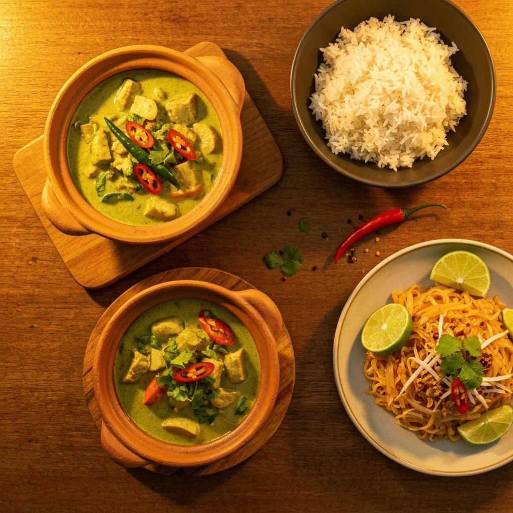 Spread of authentic Thai dishes including green curry, pad thai noodles and fresh herbs on a wooden table