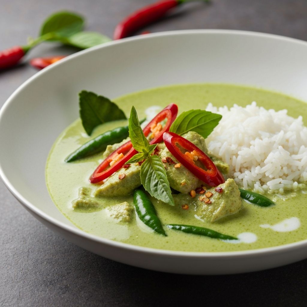 Rich Thai green curry in a bowl with jasmine rice, kaffir lime leaves and fresh chilli
