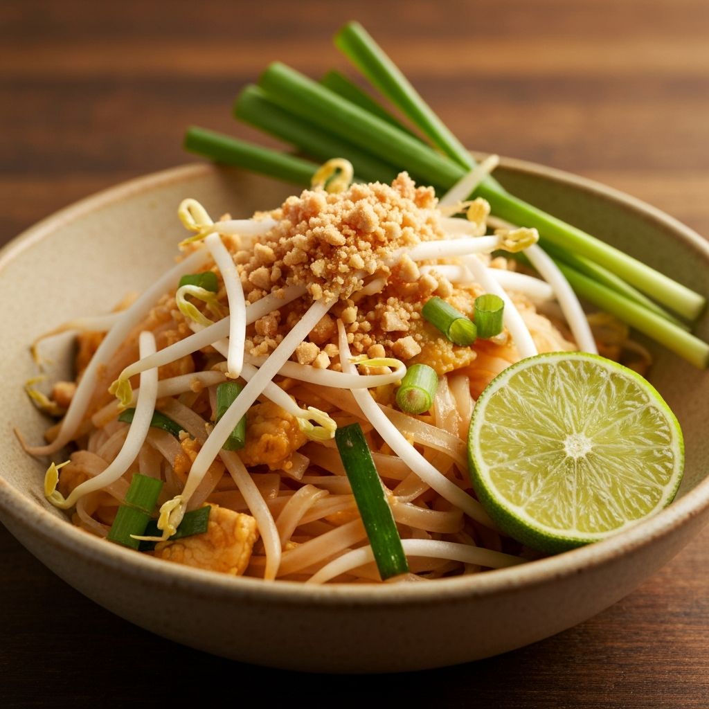 Bowl of pad thai noodles with bean sprouts, peanuts, spring onion and lime