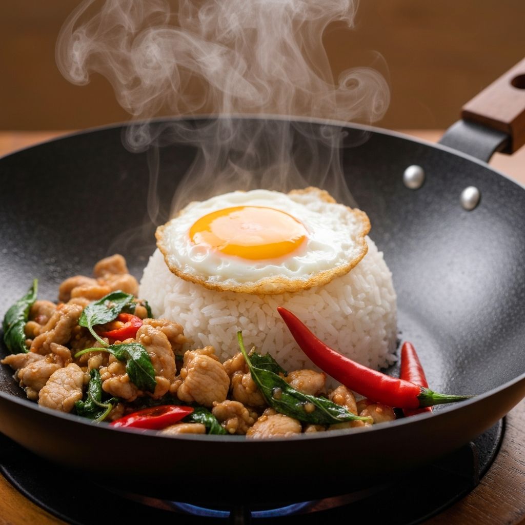 Sizzling Thai stir-fry with holy basil, fried egg and chilli on jasmine rice